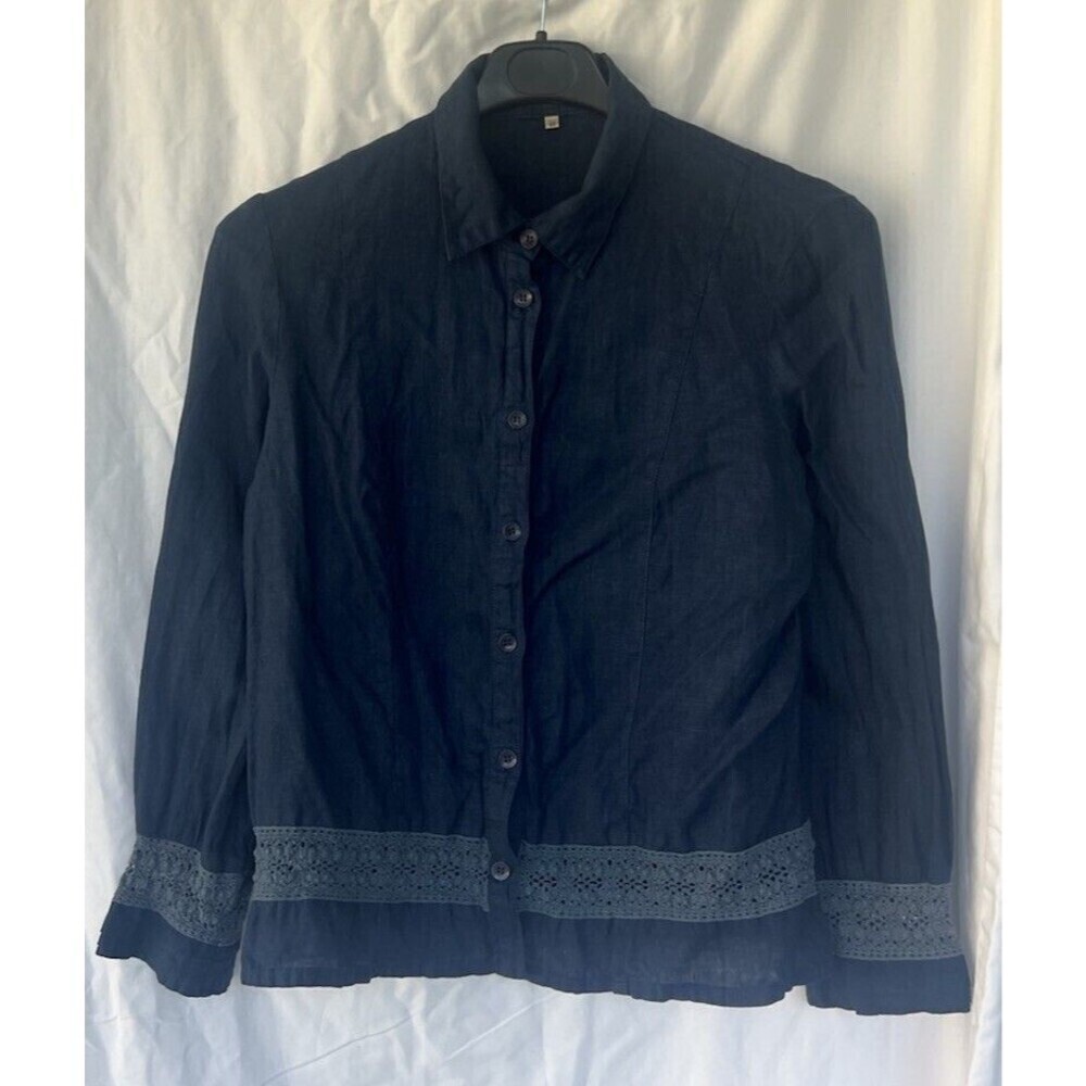 Zyga 100% Linen Blue Button Up Shirt Women’s 42 Eyelet Resort Vacation Coastal